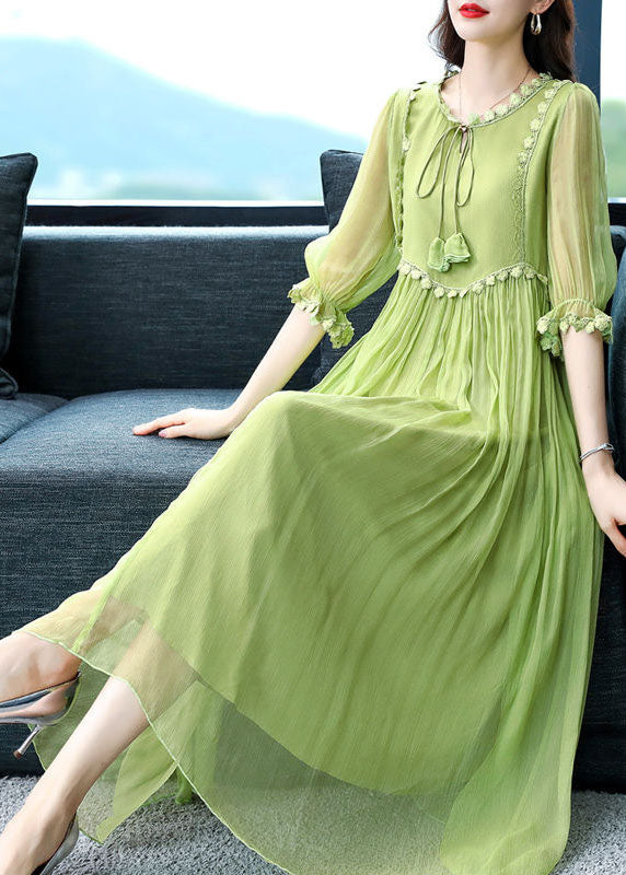 French Green O-Neck Lace Up Extra Large Hem Silk Long Dress Half Sleeve