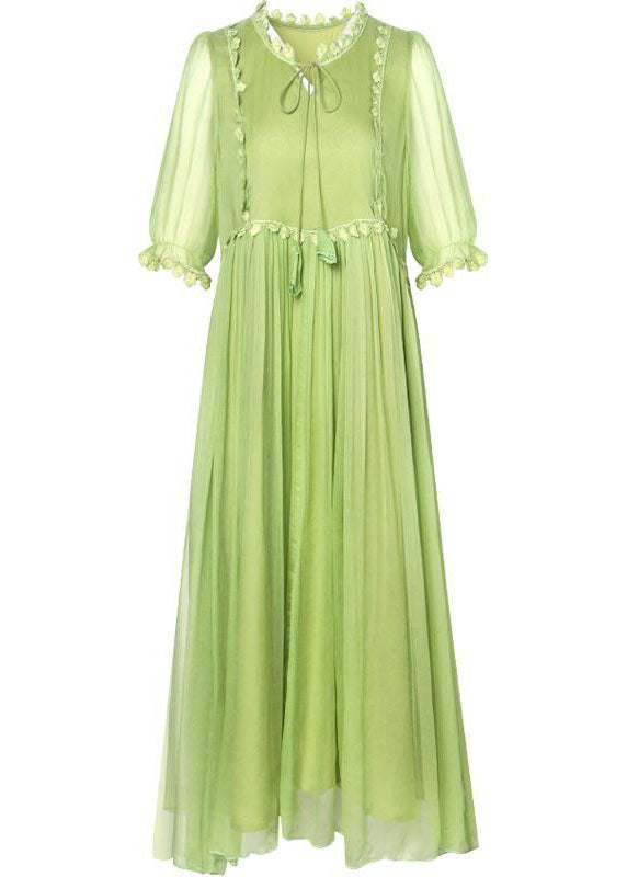 French Green O-Neck Lace Up Extra Large Hem Silk Long Dress Half Sleeve