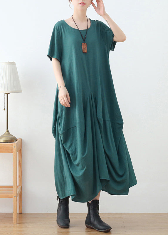 French Green O-Neck Wrinkled Cotton Party Dress Short Sleeve