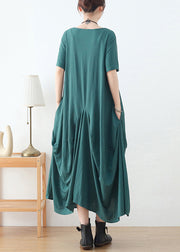 French Green O-Neck Wrinkled Cotton Party Dress Short Sleeve