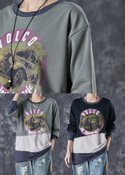 French Green Oversized Patchwork Warm Fleece Pullover Tops Winter