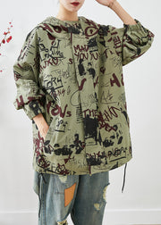 French Green Oversized Print Drawstring Cotton Jackets Fall