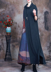 French Green Patchwork Blue Print Fall Long Dresses