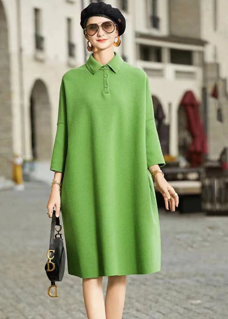 French Green Peter Pan Collar Patchwork Woolen Maxi Dress Long Sleeve