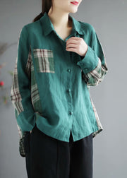 French Green Plaid Patchwork PeterPan-Kragen Taschen Herbst Langarmshirts