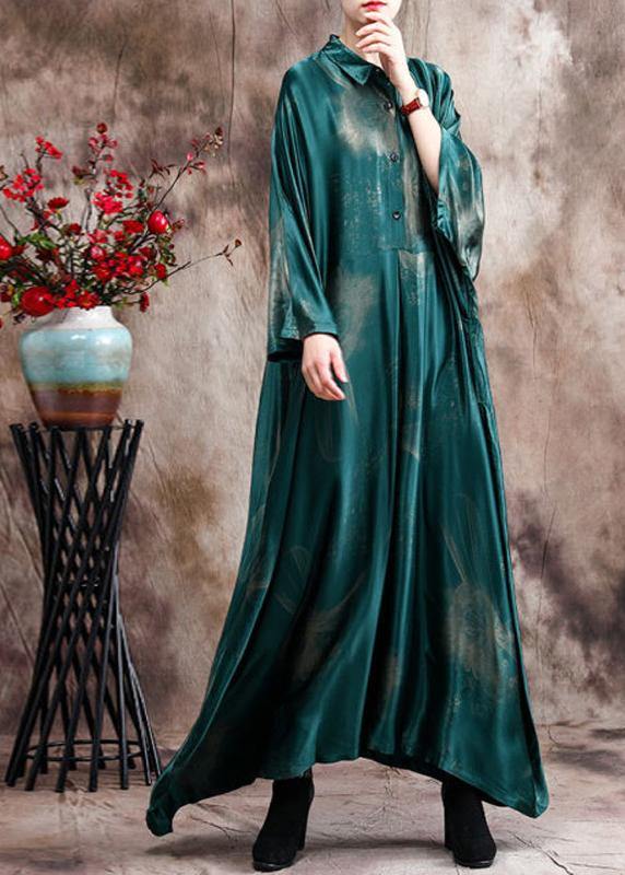 French Green Print Silk Dress Long Asymmetric Art Dress - bagstylebliss