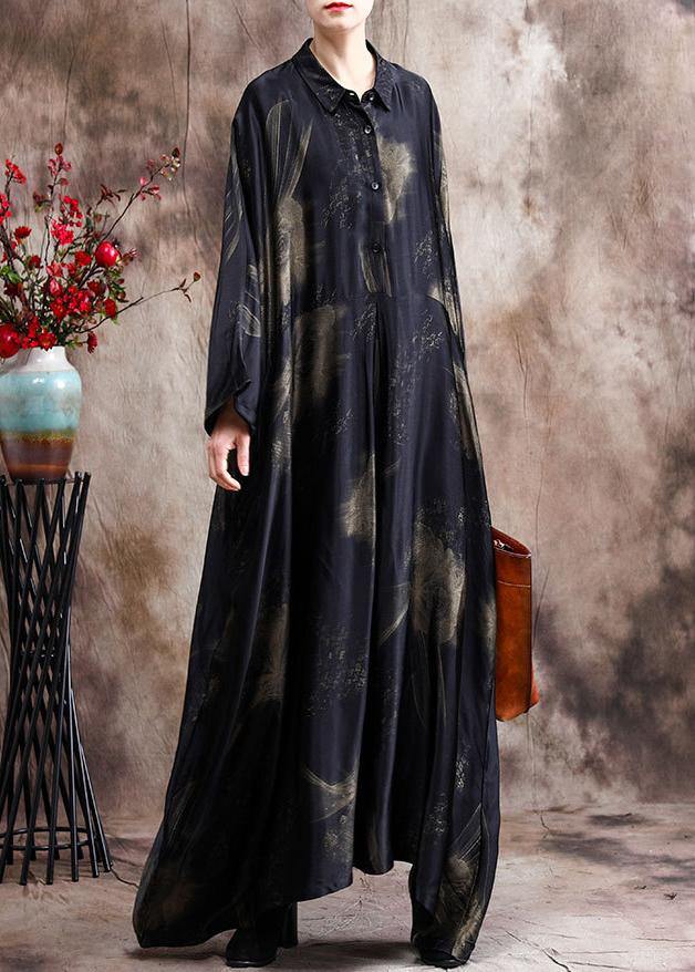 French Green Print Silk Dress Long Asymmetric Art Dress - bagstylebliss