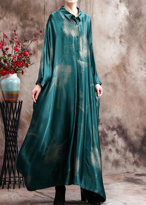 French Green Print Silk Dress Long Asymmetric Art Dress - bagstylebliss