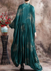 French Green Print Silk Dress Long Asymmetric Art Dress - bagstylebliss