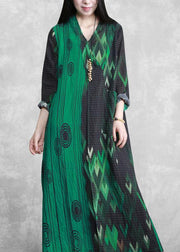 French Green Print Long Summer Dresses - bagstylebliss