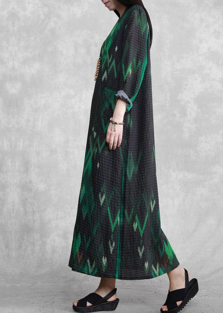 French Green Print Long Summer Dresses - bagstylebliss