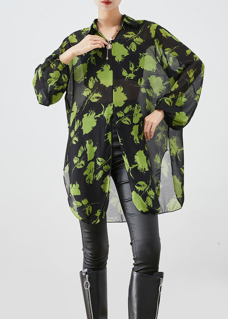 French Green Print Oversized Chiffon Blouses Lantern Sleeve