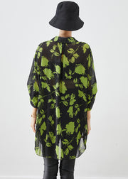 French Green Print Oversized Chiffon Blouses Lantern Sleeve