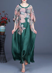 French Green Print Three Quarter sleeve Silk Summer Dress Two Pieces Set - bagstylebliss