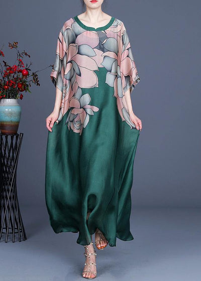 French Green Print Three Quarter sleeve Silk Summer Dress Two Pieces Set - bagstylebliss