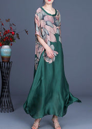 French Green Print Three Quarter sleeve Silk Summer Dress Two Pieces Set - bagstylebliss