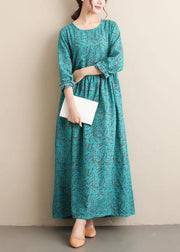 French Green Print Tunics O Neck Cinched Dresses  Dress - bagstylebliss