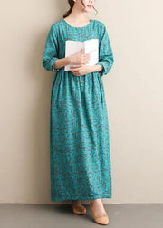 French Green Print Tunics O Neck Cinched Dresses  Dress - bagstylebliss
