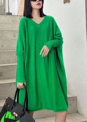 French Green V Neck Patchwork Casual Fall Knitwear Dress