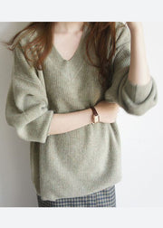 French Green V Neck cozy Woolen Knit top Winter