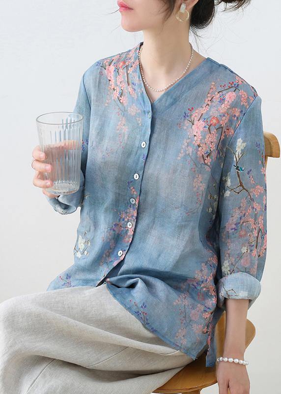 French Grey Blue Print Button Linen Shirt Top Long sleeve - bagstylebliss