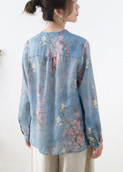 French Grey Blue Print Button Linen Shirt Top Long sleeve - bagstylebliss
