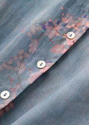 French Grey Blue Print Button Linen Shirt Top Long sleeve - bagstylebliss