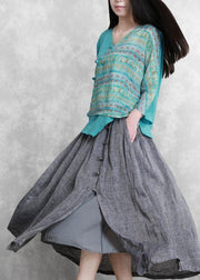 French Grey Elastic Waist Oriental Summer Linen Skirt - bagstylebliss