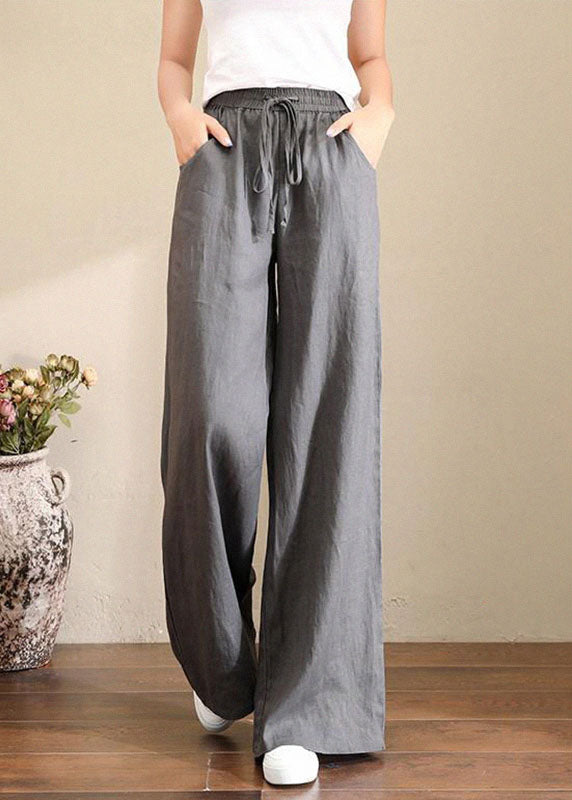 French Grey Elastic Waist Pockets Linen Wide Leg Pants Summer