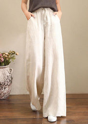 French Grey Elastic Waist Pockets Linen Wide Leg Pants Summer