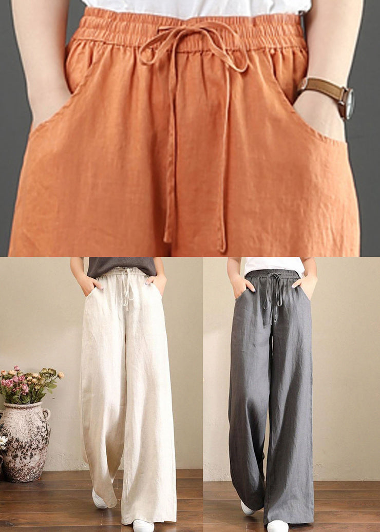 French Grey Elastic Waist Pockets Linen Wide Leg Pants Summer