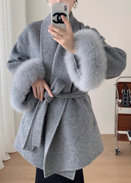 French Grey Fluffy Tie Waist Pockets Patchwork Wool Coat Winter