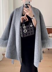 French Grey Fluffy Tie Waist Pockets Patchwork Wool Coat Winter