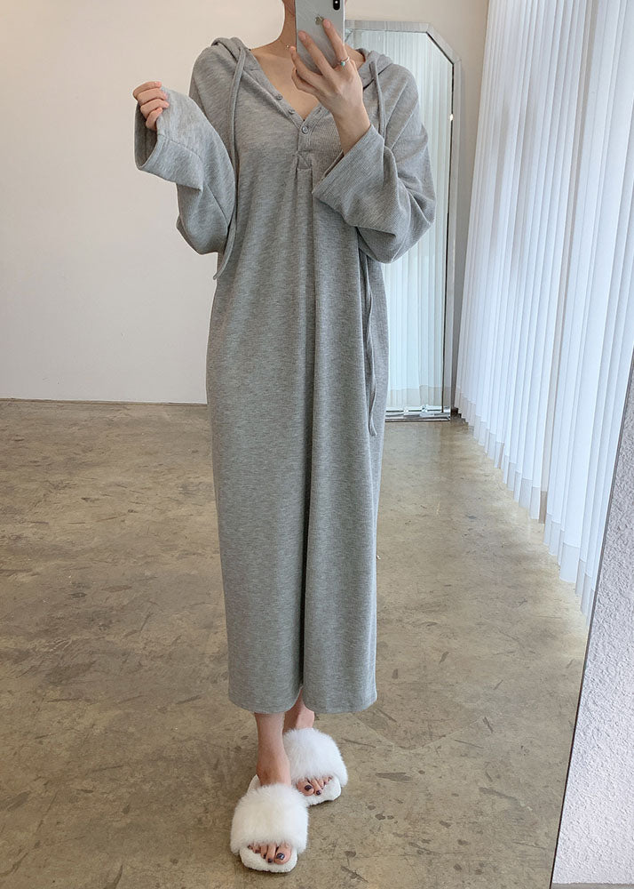 French Grey Hooded Casual Maxi Dresses Spring