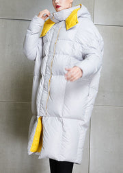 French Grey Hooded Zippered Pockets Duck Down Down Coat Winter