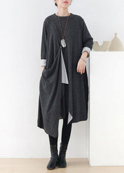 French Grey O-Neck Patchwork Fall Dress Long Sleeve - bagstylebliss