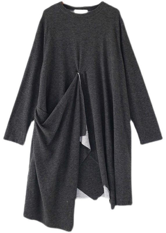 French Grey O-Neck Patchwork Fall Dress Long Sleeve - bagstylebliss