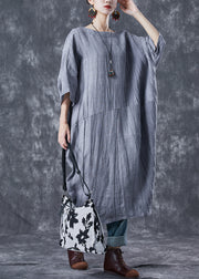 French Grey Oversized Patchwork Linen Dresses Batwing Sleeve