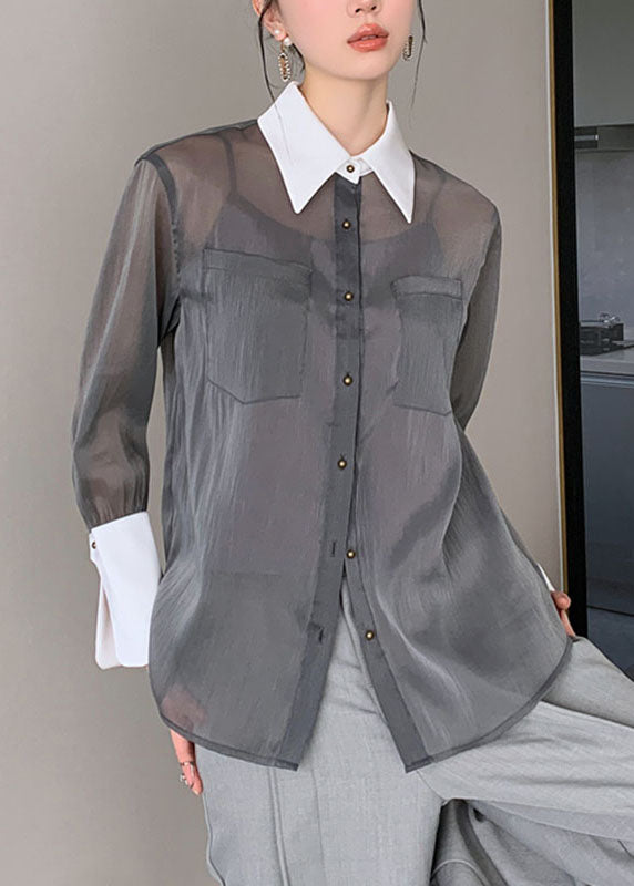 French Grey Peter Pan Collar Button Silk Cotton Shirts Fall