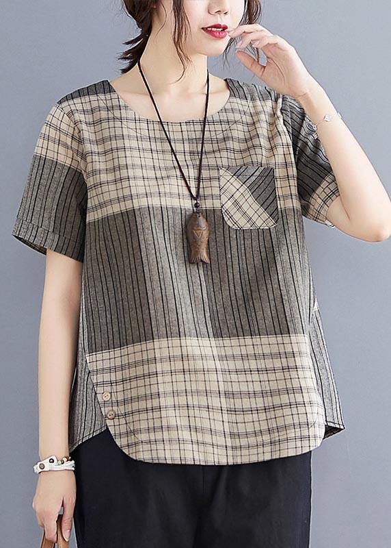 French Grey Plaid asymmetrical design Cotton Linen Blouse Top Summer - bagstylebliss