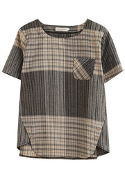 French Grey Plaid asymmetrical design Cotton Linen Blouse Top Summer - bagstylebliss