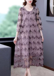 French Grey Purple O-Neck Embroideried Floral Tulle Dresses Three Quarter sleeve