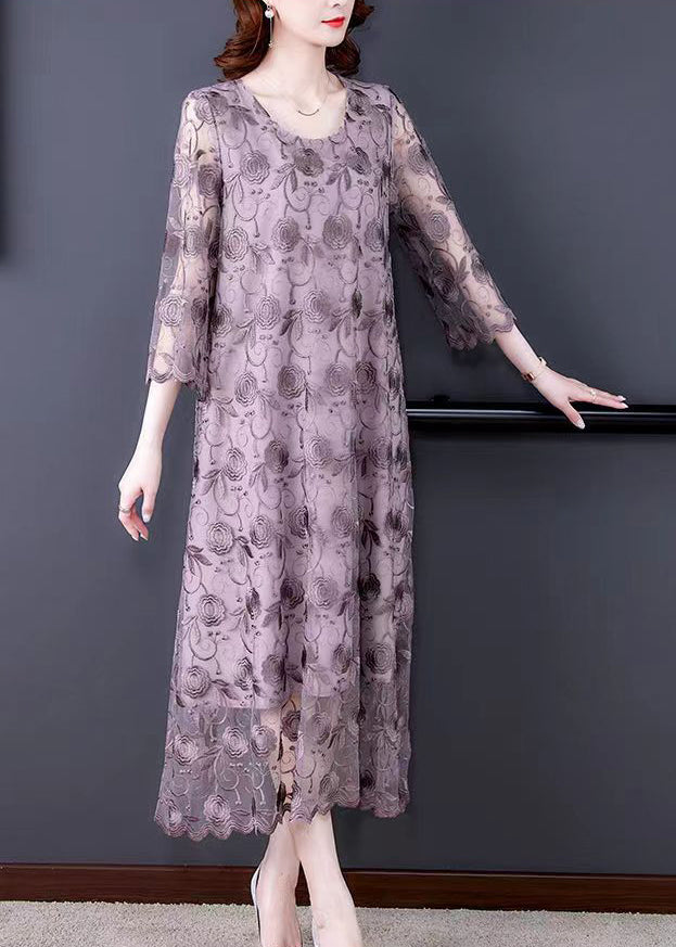 French Grey Purple O-Neck Embroidered Floral Tüll Dresses Ärmel mit drei Vierteln