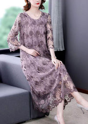 French Grey Purple O-Neck Embroidered Floral Tüll Dresses Ärmel mit drei Vierteln