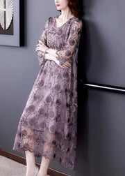 French Grey Purple O-Neck Embroideried Floral Tulle Dresses Three Quarter sleeve