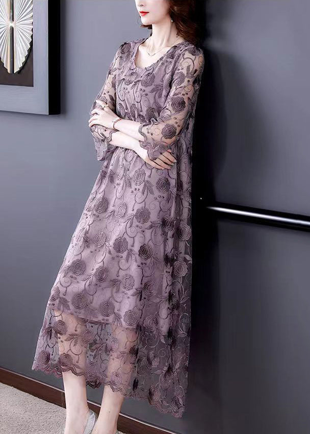 French Grey Purple O-Neck Embroidered Floral Tüll Dresses Ärmel mit drei Vierteln