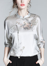 Elegant Silk Stand Collar Oriental Satin Shirt Top Half Sleeve Blouse