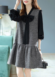 French Grey V Neck Bow Patchwork Wrinkled Mid Dresses Long Sleeve