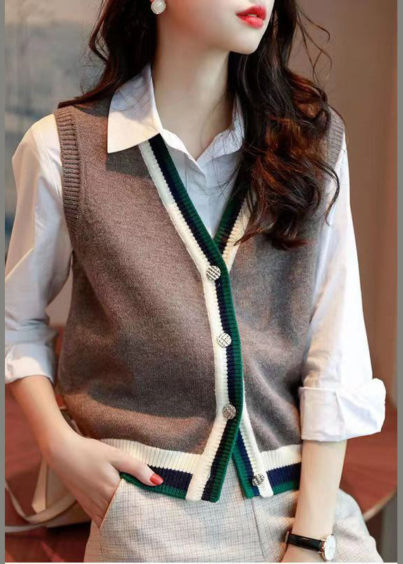 French Grey V Neck Button Patchwork Knit Vest Sleeveless