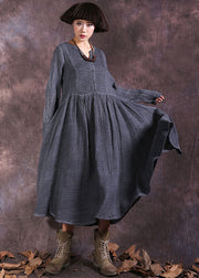 French Grey V Neck wrinkled Cotton Holiday Dress Spring